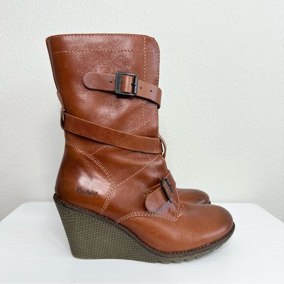 Kickers Leather Wedge Boots Women's Size 38 Brown - Picture 1 of 7